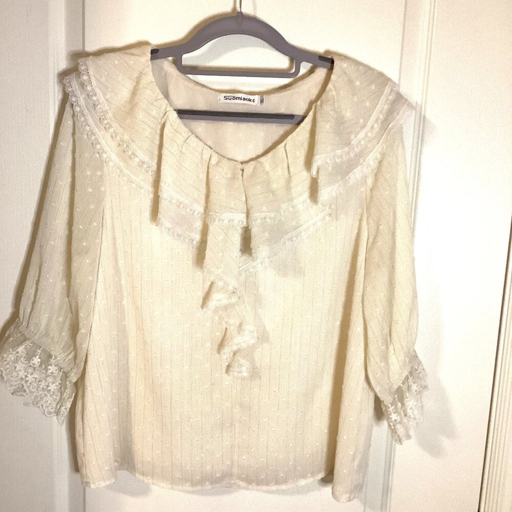 Suomiaoke Women's Blouse Ruffles Cream Lace Top Cottagecore